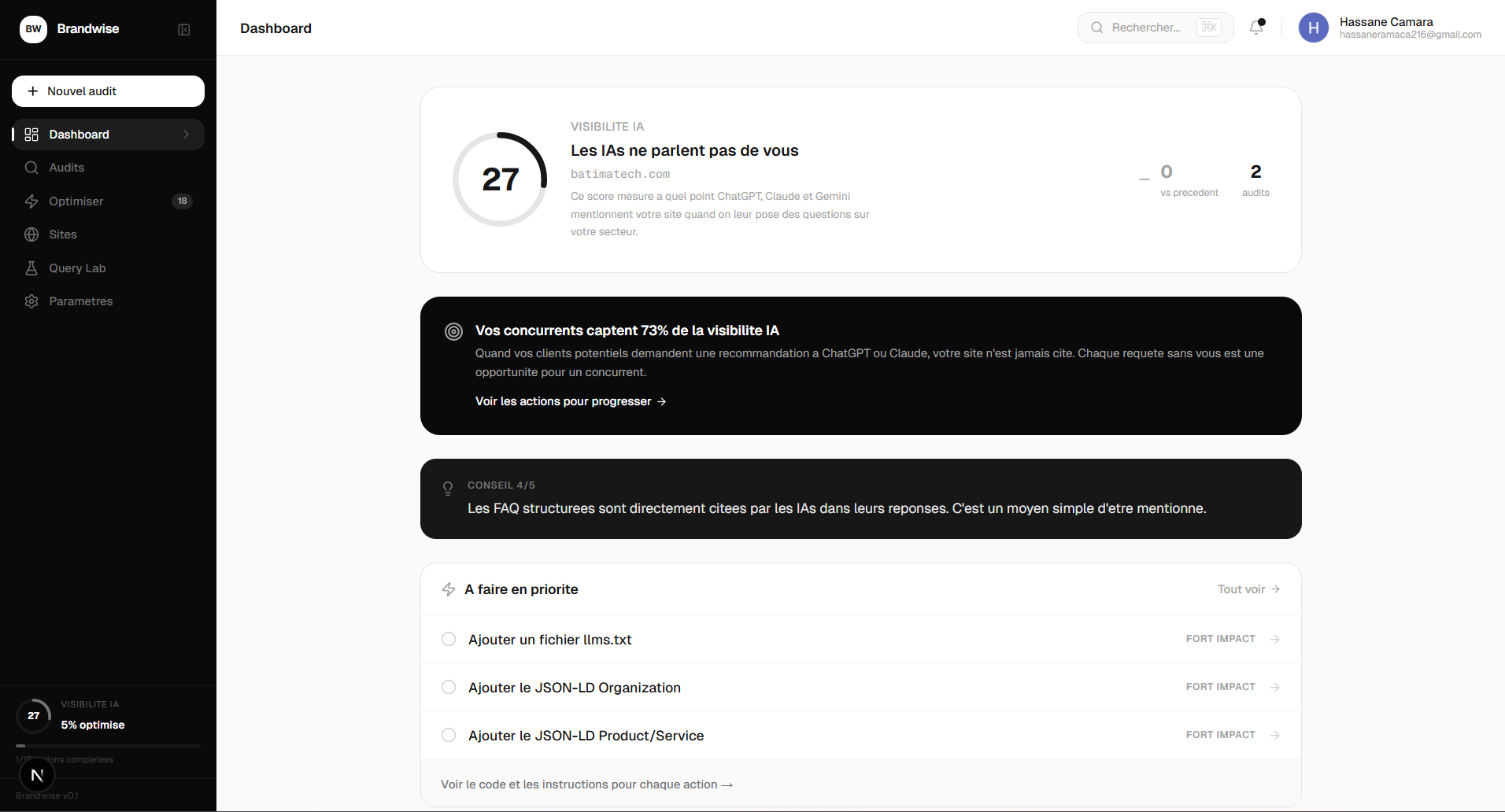 Dashboard Brandwise — Score de visibilite IA et recommandations